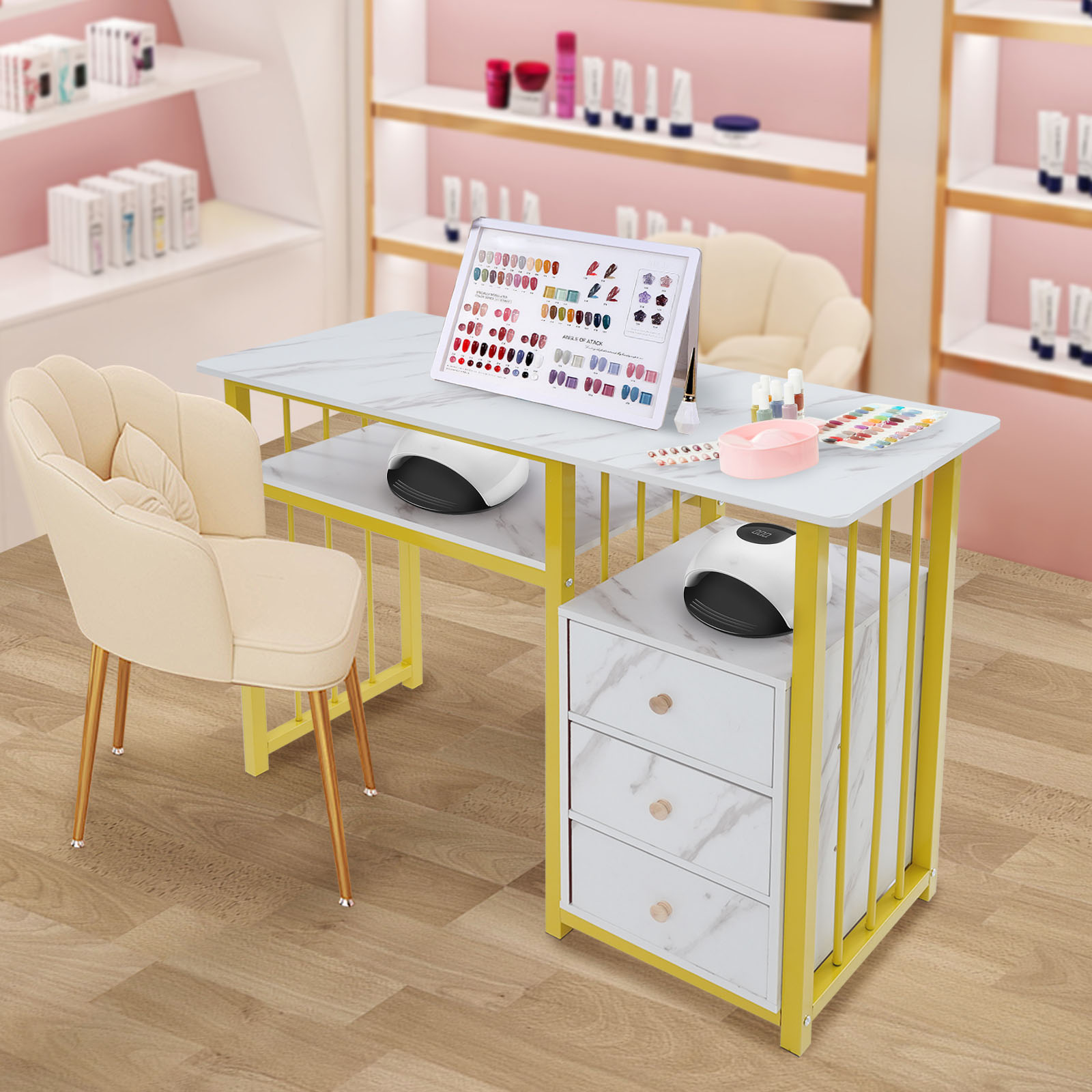 Office Tech Room - 39.37×15.75×29.92인치 골드 네일 테크 테이블(서랍 3개